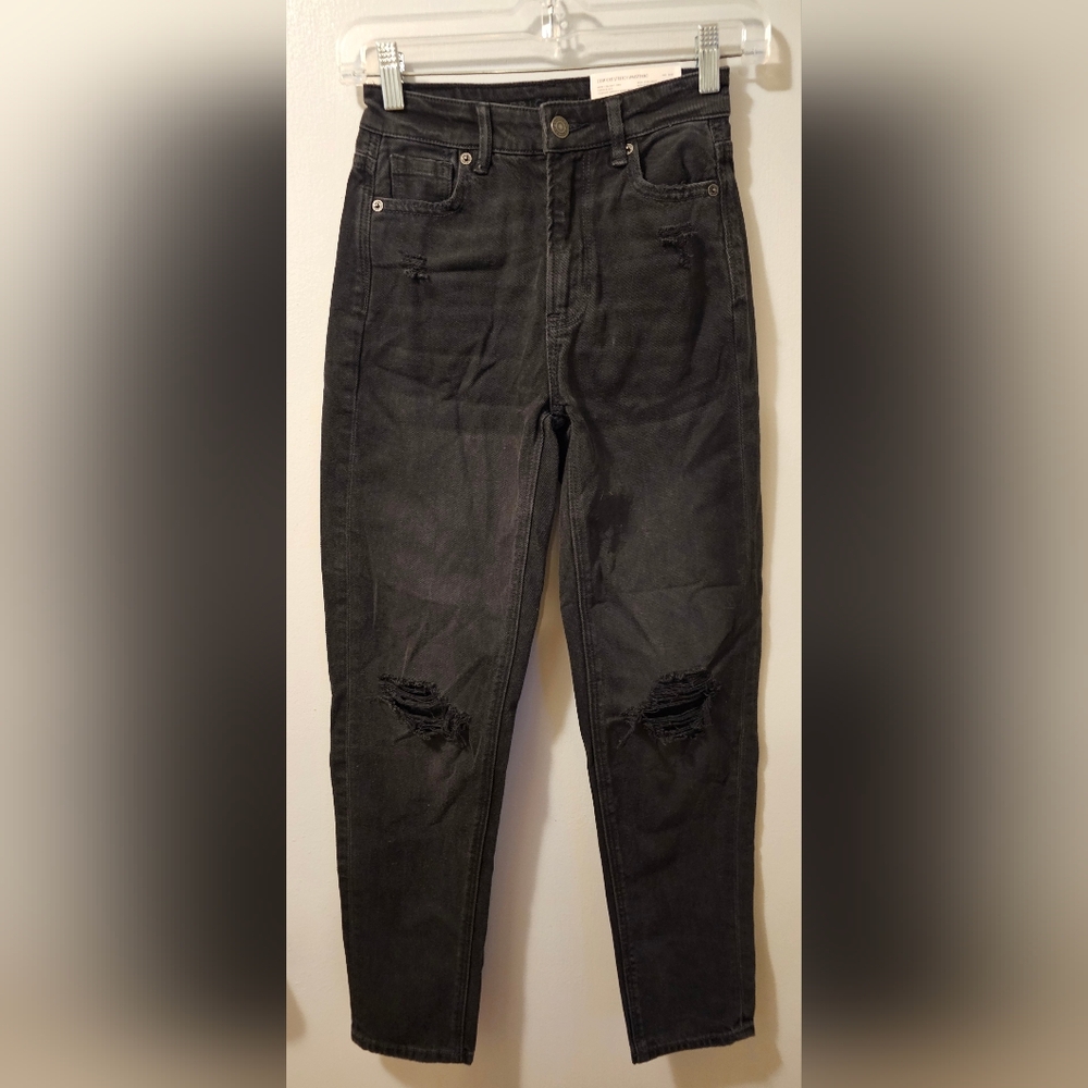 American Eagle Comfort Stretch‎ Mom Jeans Distressed Black Women's Sz 000 NWT
